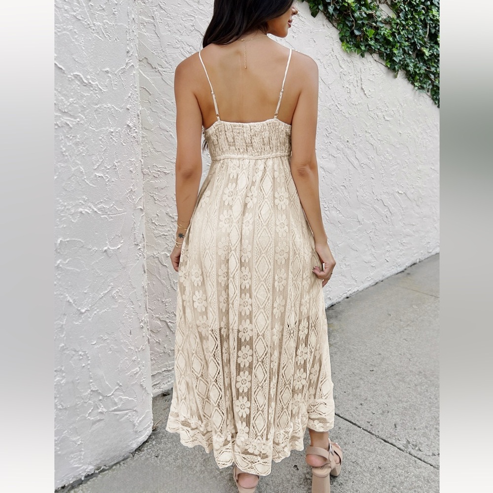 Beige Lace Maxi Dress with Tassel Tie - Picture 4 of 8